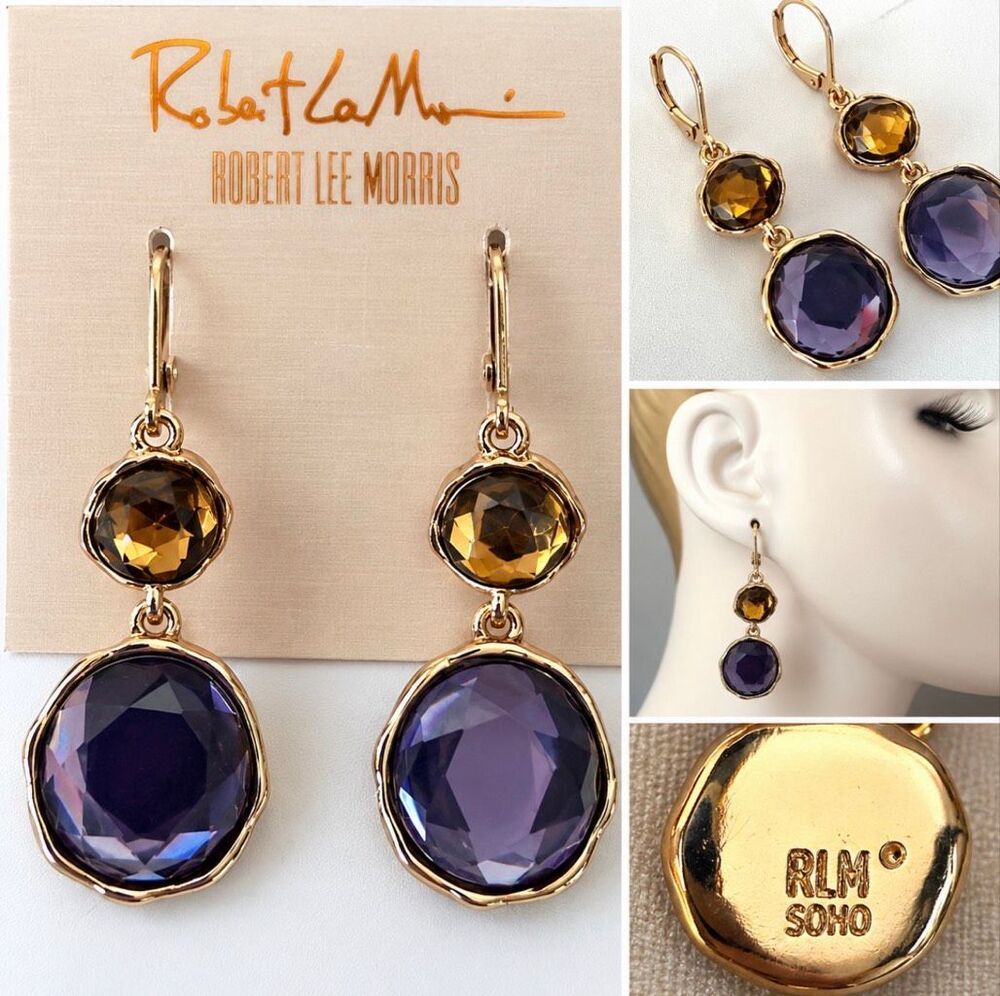 Robert Lee Morris RLM SOHO Purple Amber Gold Tone Drop Earrings